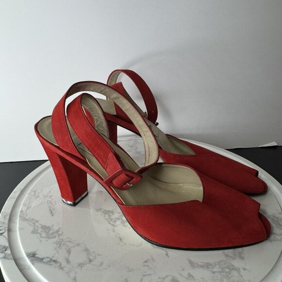 Nine West N-Ashia Vintage Red Leather Peep Toe Slingback‎ Wrap Heels Size 6M - Picture 1 of 9